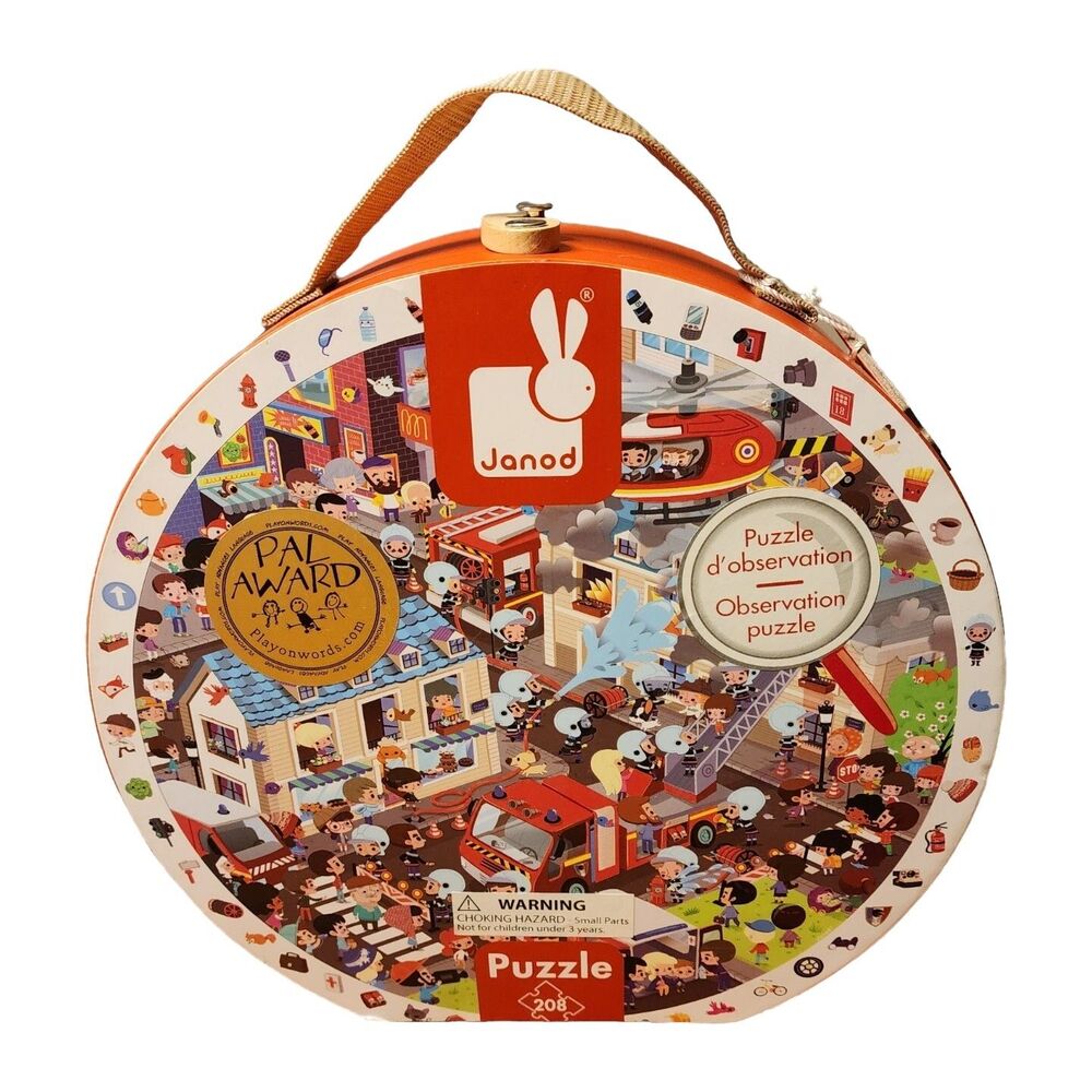 Janod FIREMEN Observation Jigsaw Puzzle PAL Award 208 pc Latching Box Complete